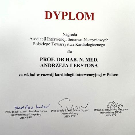 Dyplom za rozwój kardiologii interwencyjnej dla prof. A. Lekstona