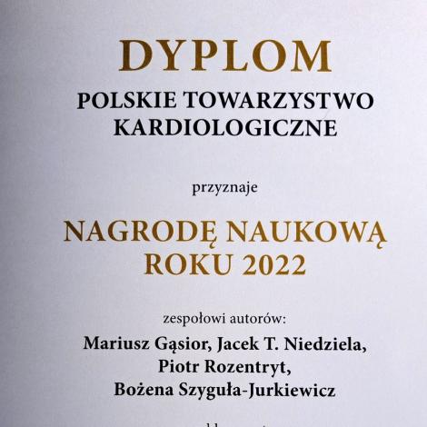 Dyplom nagroda naukowa PTK dla zespołu prof. M. Gąsiora